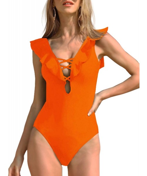 One-Pieces One Piece Swimsuit for Women Lace Up Ruffled Monokini V Neck Plunge Bathing Suit - Neon Orange - CI18UEIYL8I