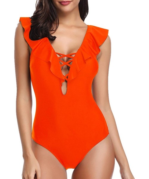 One-Pieces One Piece Swimsuit for Women Lace Up Ruffled Monokini V Neck Plunge Bathing Suit - Neon Orange - CI18UEIYL8I