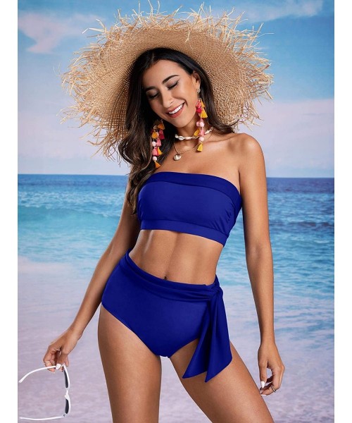 Sets Womens Bandeau Two Piece Swimsuits Strapless Tie Knot Cheeky High Waisted Bikini Set Swimsuit Blue - CX192SN8Q7R