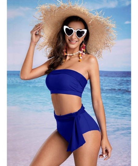 Sets Womens Bandeau Two Piece Swimsuits Strapless Tie Knot Cheeky High Waisted Bikini Set Swimsuit Blue - CX192SN8Q7R