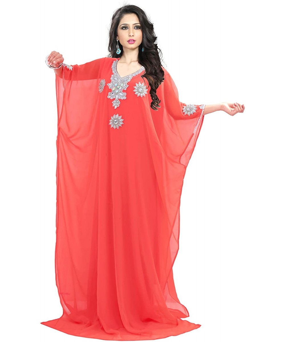 Cover-Ups Women wear Kaftan Farasha Caftan Kimono Long Dress Beach Cover up Free Size - Coral - C318OM0Q4AS