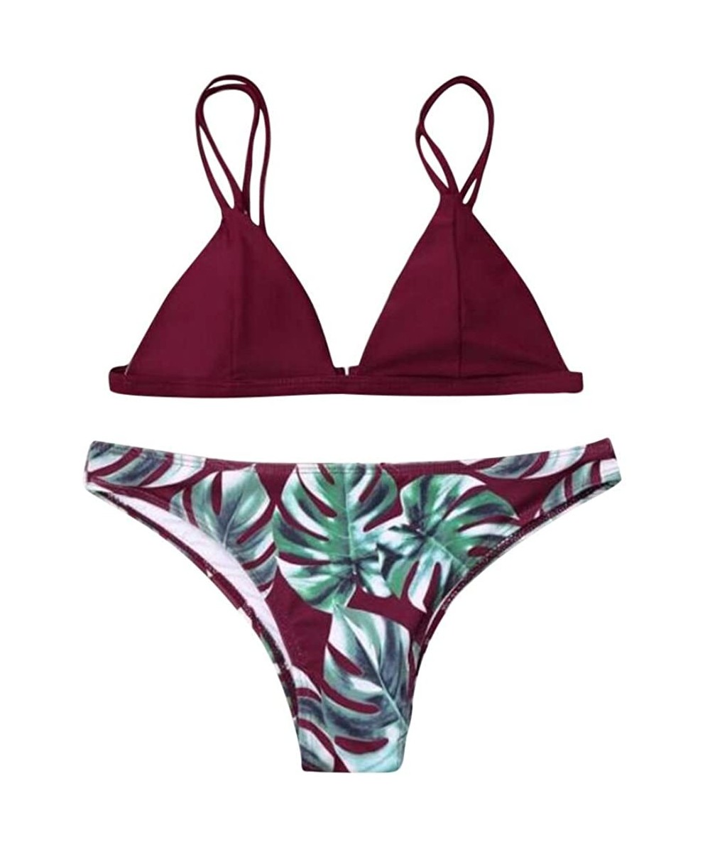 Sets Swimsuit for Women Swimwear Bikini Set Print Leaves Push-Up Padded Bathing Swimsuit Beachwear - Wine Red - CU199SLIXEM