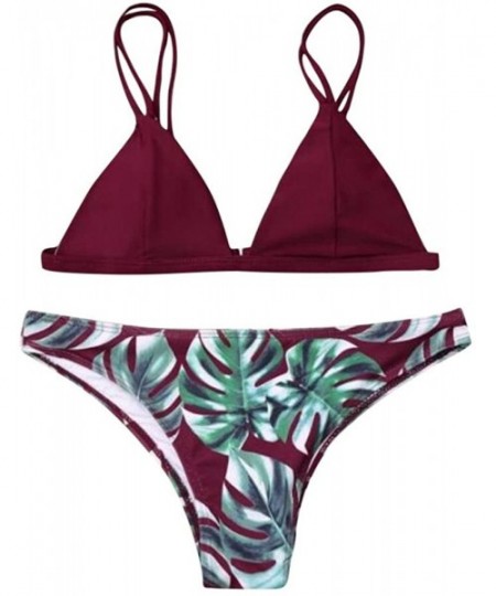 Sets Swimsuit for Women Swimwear Bikini Set Print Leaves Push-Up Padded Bathing Swimsuit Beachwear - Wine Red - CU199SLIXEM