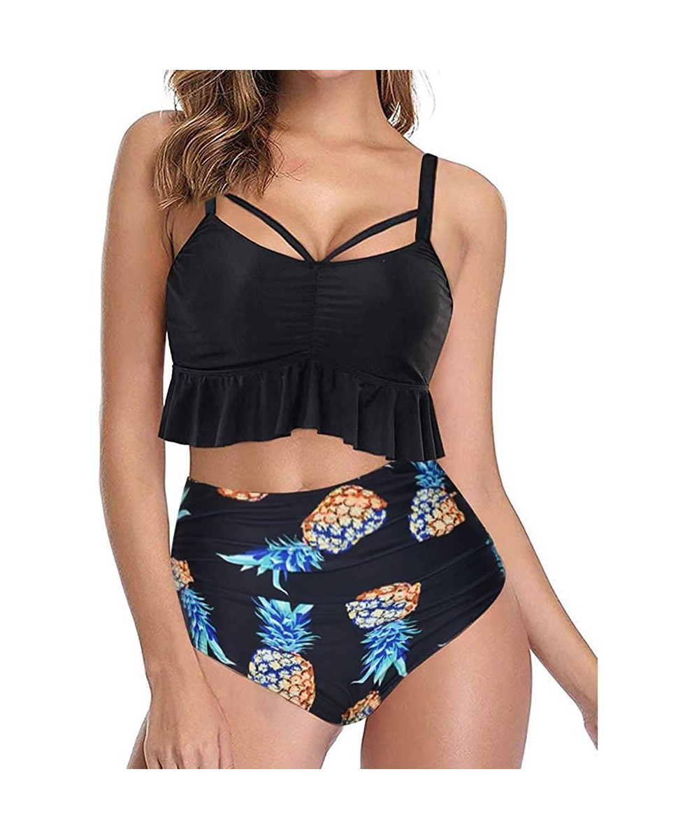 Sets Womens Racerback Vintage Two Piece Flounce Swimsuit High Waisted Bathing Suit Ruffled Top with Ruched Bottom. - Black Pi...