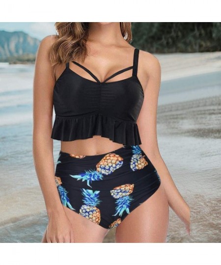 Sets Womens Racerback Vintage Two Piece Flounce Swimsuit High Waisted Bathing Suit Ruffled Top with Ruched Bottom. - Black Pi...