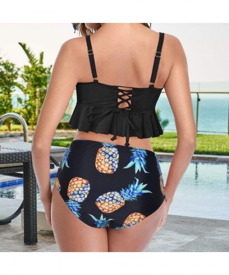 Sets Womens Racerback Vintage Two Piece Flounce Swimsuit High Waisted Bathing Suit Ruffled Top with Ruched Bottom. - Black Pi...