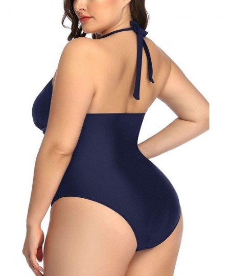 One-Pieces Women Plus Size V-Neck One Piece Bathing Suits Halter Tummy Control Swimsuits - Dark Blue-1 - CR18X6TL4E2