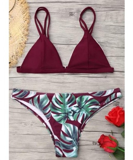 Sets Swimsuit for Women Swimwear Bikini Set Print Leaves Push-Up Padded Bathing Swimsuit Beachwear - Wine Red - CU199SLIXEM