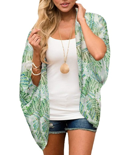 Cover-Ups Women's Floral Print Kimono Cardigan Sheer Chiffon Beach Cover Up Casual Loose Blouse Top - B- Leaf Print -2 - C219...