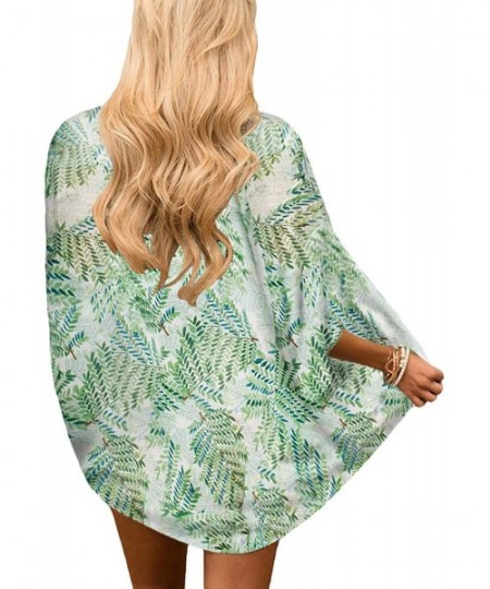 Cover-Ups Women's Floral Print Kimono Cardigan Sheer Chiffon Beach Cover Up Casual Loose Blouse Top - B- Leaf Print -2 - C219...