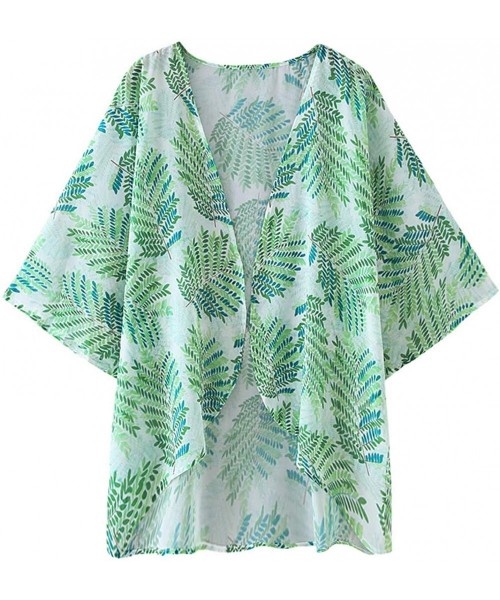 Cover-Ups Women's Floral Print Kimono Cardigan Sheer Chiffon Beach Cover Up Casual Loose Blouse Top - B- Leaf Print -2 - C219...