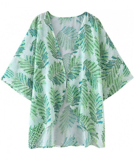 Cover-Ups Women's Floral Print Kimono Cardigan Sheer Chiffon Beach Cover Up Casual Loose Blouse Top - B- Leaf Print -2 - C219...