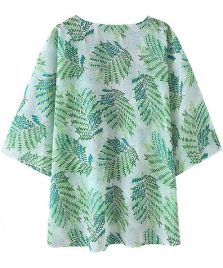 Cover-Ups Women's Floral Print Kimono Cardigan Sheer Chiffon Beach Cover Up Casual Loose Blouse Top - B- Leaf Print -2 - C219...