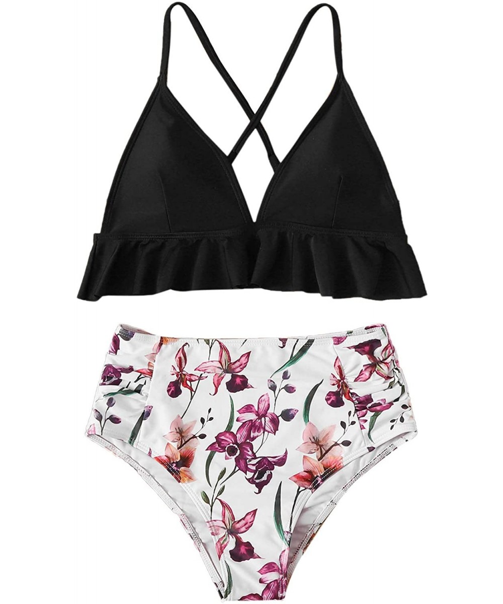 Sets Women's Sexy Bathing Suit Floral Print Cross Back Bikini Set Swimsuits - Zblack - CO196YXSI4Q