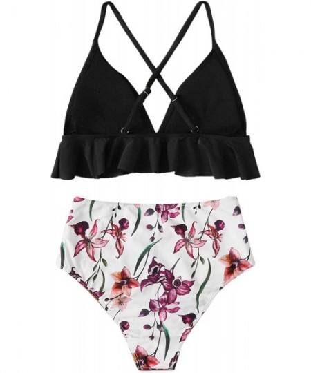 Sets Women's Sexy Bathing Suit Floral Print Cross Back Bikini Set Swimsuits - Zblack - CO196YXSI4Q