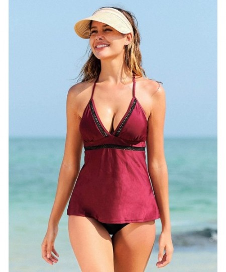 Racing Women's V Neck Tankini Swimsuit Two Piece Hatler Bathing Suit Swimwear - Mesh Trim Wine - C918MCD9RHQ