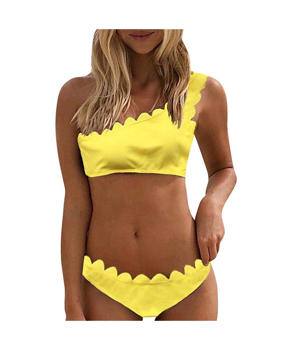 Sets Women's Solid Bikini Set One Shoulder Push-up Wavy Edge Swimwear - Yellow - CQ18QK3XH6E