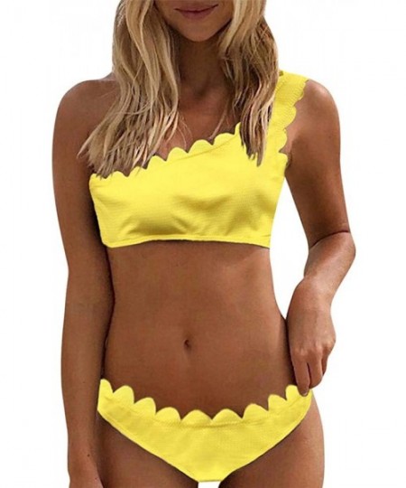 Sets Women's Solid Bikini Set One Shoulder Push-up Wavy Edge Swimwear - Yellow - CQ18QK3XH6E