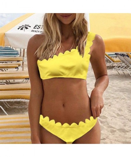 Sets Women's Solid Bikini Set One Shoulder Push-up Wavy Edge Swimwear - Yellow - CQ18QK3XH6E