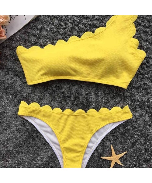 Sets Women's Solid Bikini Set One Shoulder Push-up Wavy Edge Swimwear - Yellow - CQ18QK3XH6E