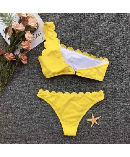 Sets Women's Solid Bikini Set One Shoulder Push-up Wavy Edge Swimwear - Yellow - CQ18QK3XH6E