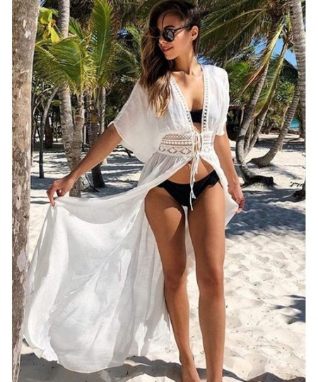 Cover-Ups Womens Lace Crochet Beach Cover Up Sexy Open Front Swimsuit Kimono Cardigan - White - C918SK3TOT4