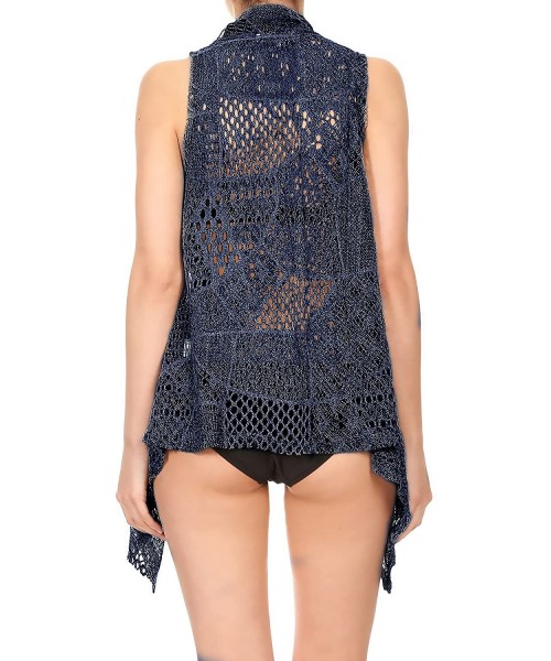 Cover-Ups Womens Sleeveless Open Front Crochet Shawl Cardigan Bikini Cover Up - Navy - CK1882E0AER