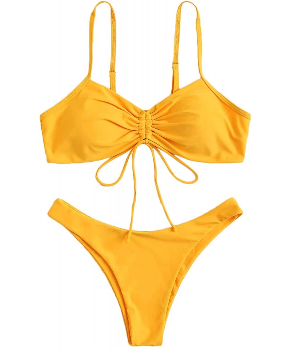 Sets Women's 2 Piece Beachwear Drawstring Front Swimsuits Bikini Set - Yellow - C9199S56O3H