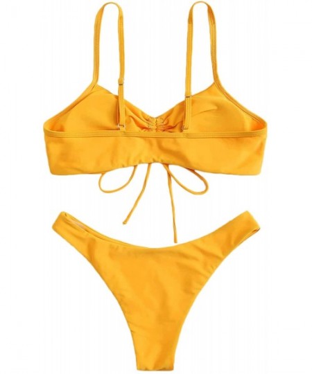 Sets Women's 2 Piece Beachwear Drawstring Front Swimsuits Bikini Set - Yellow - C9199S56O3H