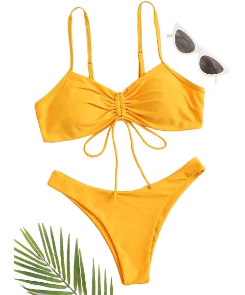 Sets Women's 2 Piece Beachwear Drawstring Front Swimsuits Bikini Set - Yellow - C9199S56O3H