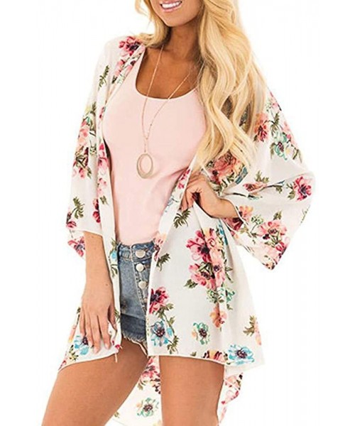 Cover-Ups Women Floral Kimono Cardigan Chiffon Casual Loose Open Front Cover Up Tops - Beige - CR1965566C6