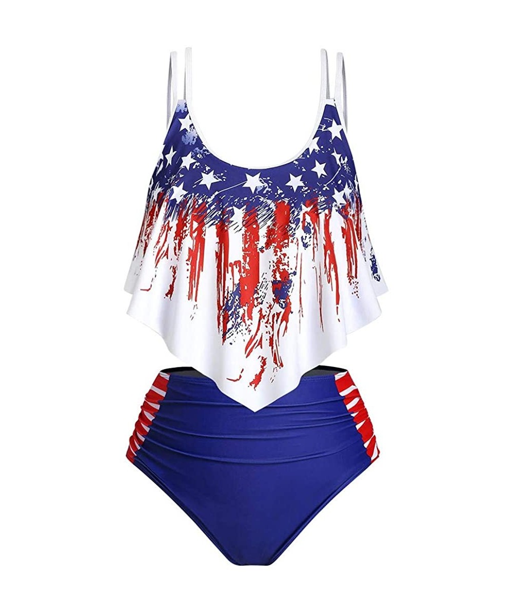 Sets Swimsuits for Women American Flag Ruffled Flounce Top with High Waisted Bottom Bikini Set - Red - CK190TQ0CTH