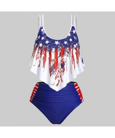 Sets Swimsuits for Women American Flag Ruffled Flounce Top with High Waisted Bottom Bikini Set - Red - CK190TQ0CTH