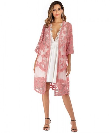 Cover-Ups Women's Casual Lace Flowy Kimono Long Cardigan Beach Bikini Cover Ups - Hs9312 Pink - CR197ZODULM