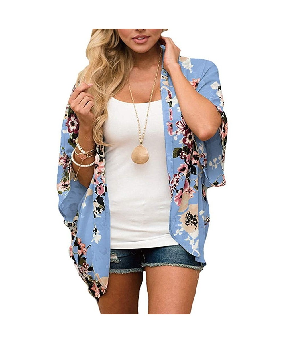 Cover-Ups Women's Sheer Chiffon Blouse Loose Tops Kimono Floral Print Cardigan - T49 - CD18IS0ZH3T