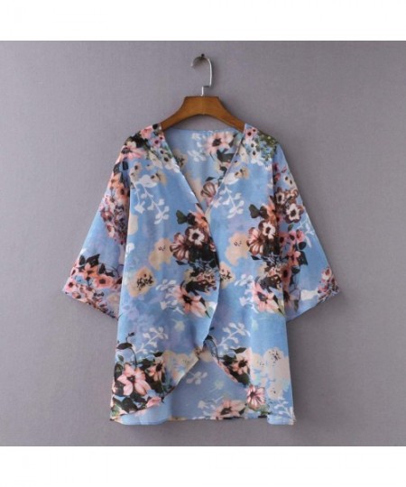 Cover-Ups Women's Sheer Chiffon Blouse Loose Tops Kimono Floral Print Cardigan - T49 - CD18IS0ZH3T