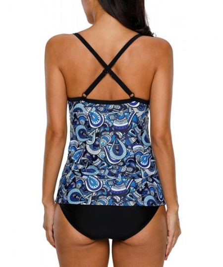 One-Pieces Women's Printed Tankini Swimsuit Cross Back Two Piece Swimwear Set - Blue Paisley - C318CT44ZSO