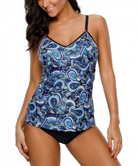 One-Pieces Women's Printed Tankini Swimsuit Cross Back Two Piece Swimwear Set - Blue Paisley - C318CT44ZSO