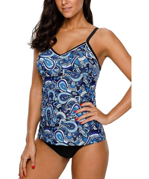 One-Pieces Women's Printed Tankini Swimsuit Cross Back Two Piece Swimwear Set - Blue Paisley - C318CT44ZSO