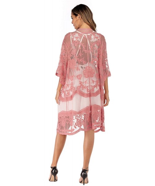 Cover-Ups Women's Casual Lace Flowy Kimono Long Cardigan Beach Bikini Cover Ups - Hs9312 Pink - CR197ZODULM