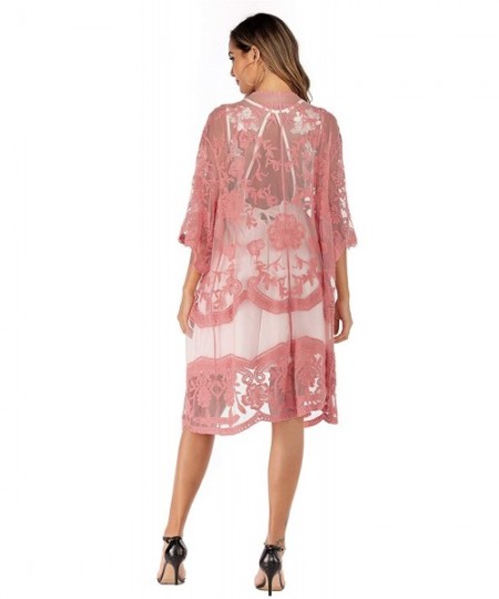 Cover-Ups Women's Casual Lace Flowy Kimono Long Cardigan Beach Bikini Cover Ups - Hs9312 Pink - CR197ZODULM