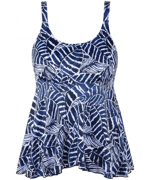 Tops Women's Bandeau Flowy Swim Top Padded Swimwear Tankini Tummy Control Swimsuit Top - Navy Blue Leaf Print - CV193ZZD8GU