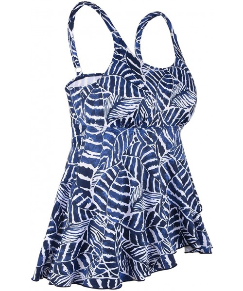 Tops Women's Bandeau Flowy Swim Top Padded Swimwear Tankini Tummy Control Swimsuit Top - Navy Blue Leaf Print - CV193ZZD8GU