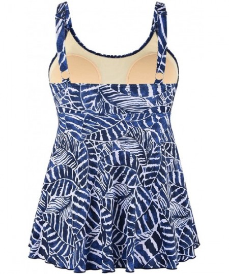 Tops Women's Bandeau Flowy Swim Top Padded Swimwear Tankini Tummy Control Swimsuit Top - Navy Blue Leaf Print - CV193ZZD8GU