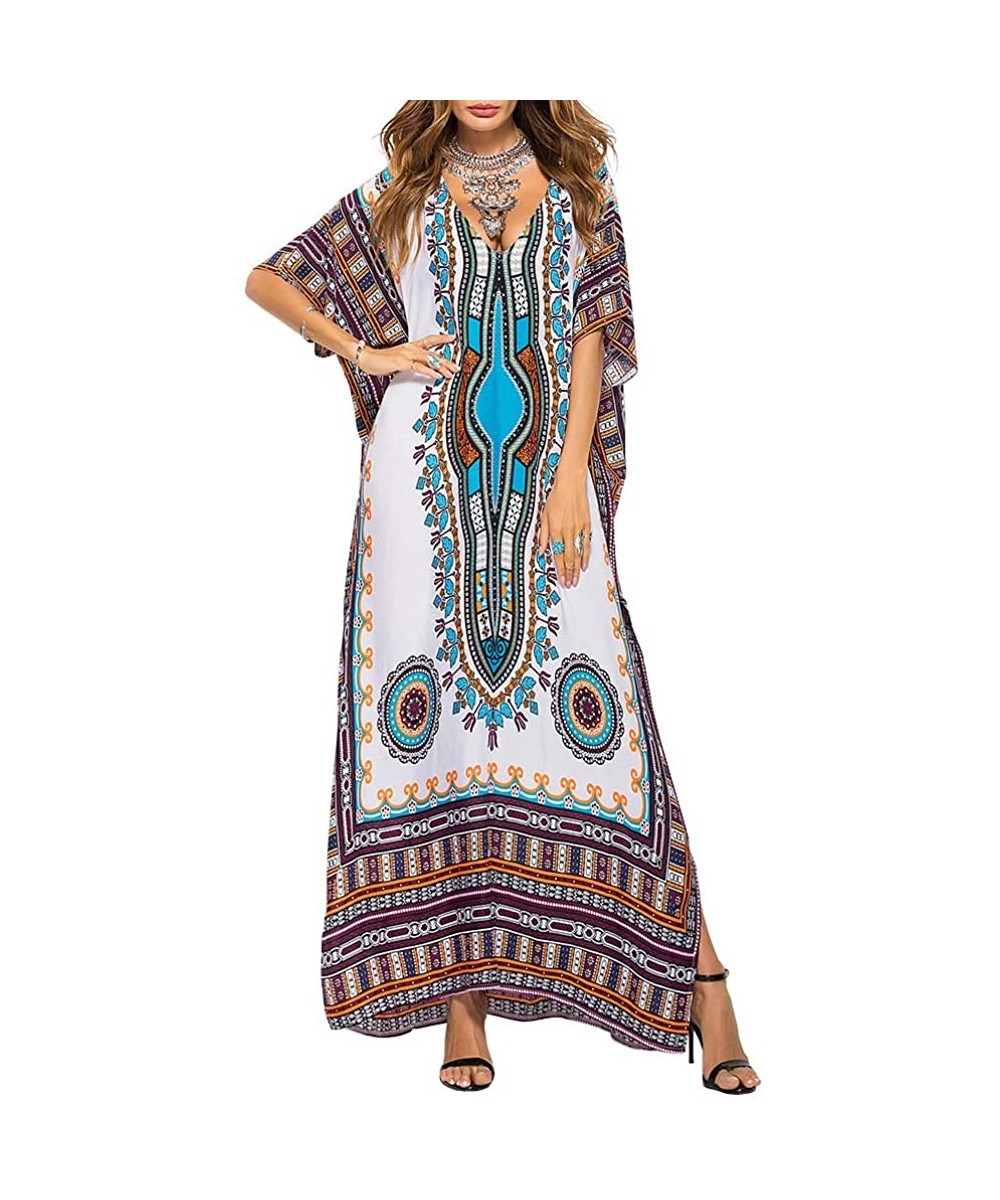 Cover-Ups Kaftan Dresses for Women Plus Size Maxi Dress Long Beach Cover Up Tunic - White - C118ZKL8MML