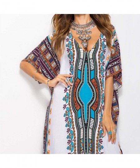 Cover-Ups Kaftan Dresses for Women Plus Size Maxi Dress Long Beach Cover Up Tunic - White - C118ZKL8MML