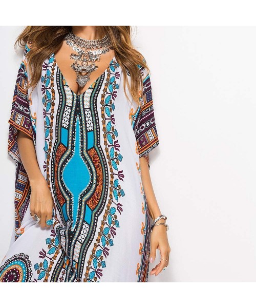 Cover-Ups Kaftan Dresses for Women Plus Size Maxi Dress Long Beach Cover Up Tunic - White - C118ZKL8MML