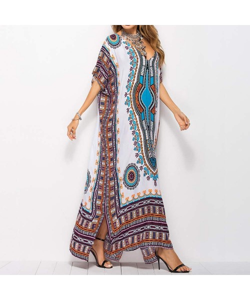 Cover-Ups Kaftan Dresses for Women Plus Size Maxi Dress Long Beach Cover Up Tunic - White - C118ZKL8MML