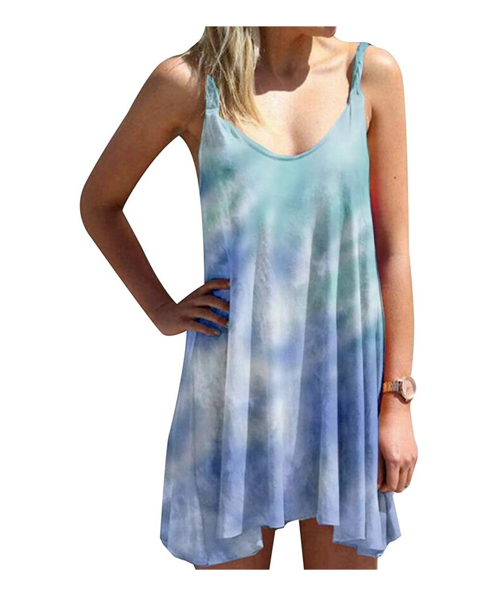 Cover-Ups Women's Summer Tie Dye Swing Dress Sleeveless Beach Short Dress Plus Size Loose Dresses - Sky Blue - CH19CG9XGRL