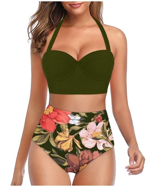 Sets Women Floral Print High Waist Crop Sexy Two Piece Swimwear Halter Bikini Swimsuit - Green - CK199UEATIT